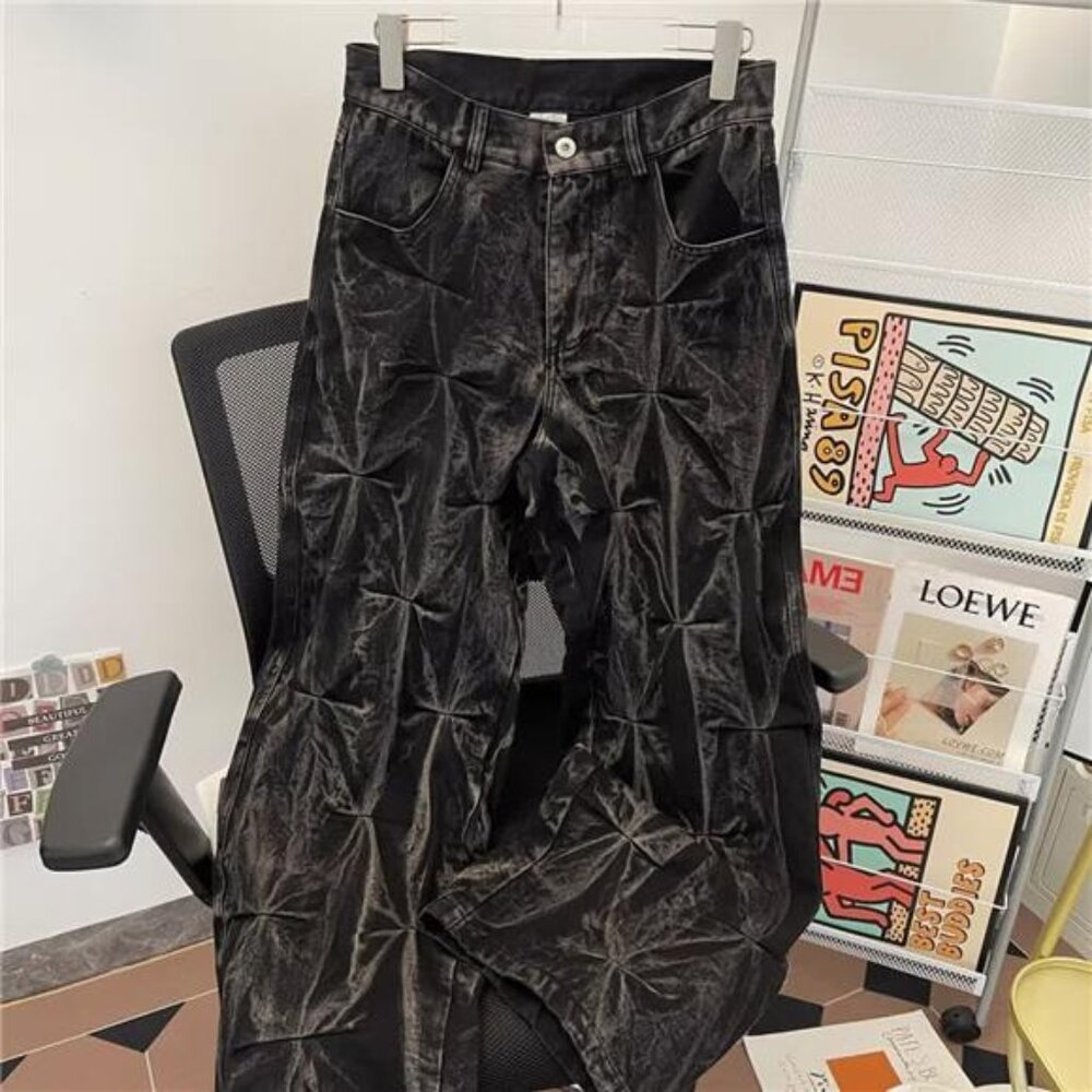 Y2K American Retro Washing for Old Dirty Dyeing Deconstructing Pleated Mopping